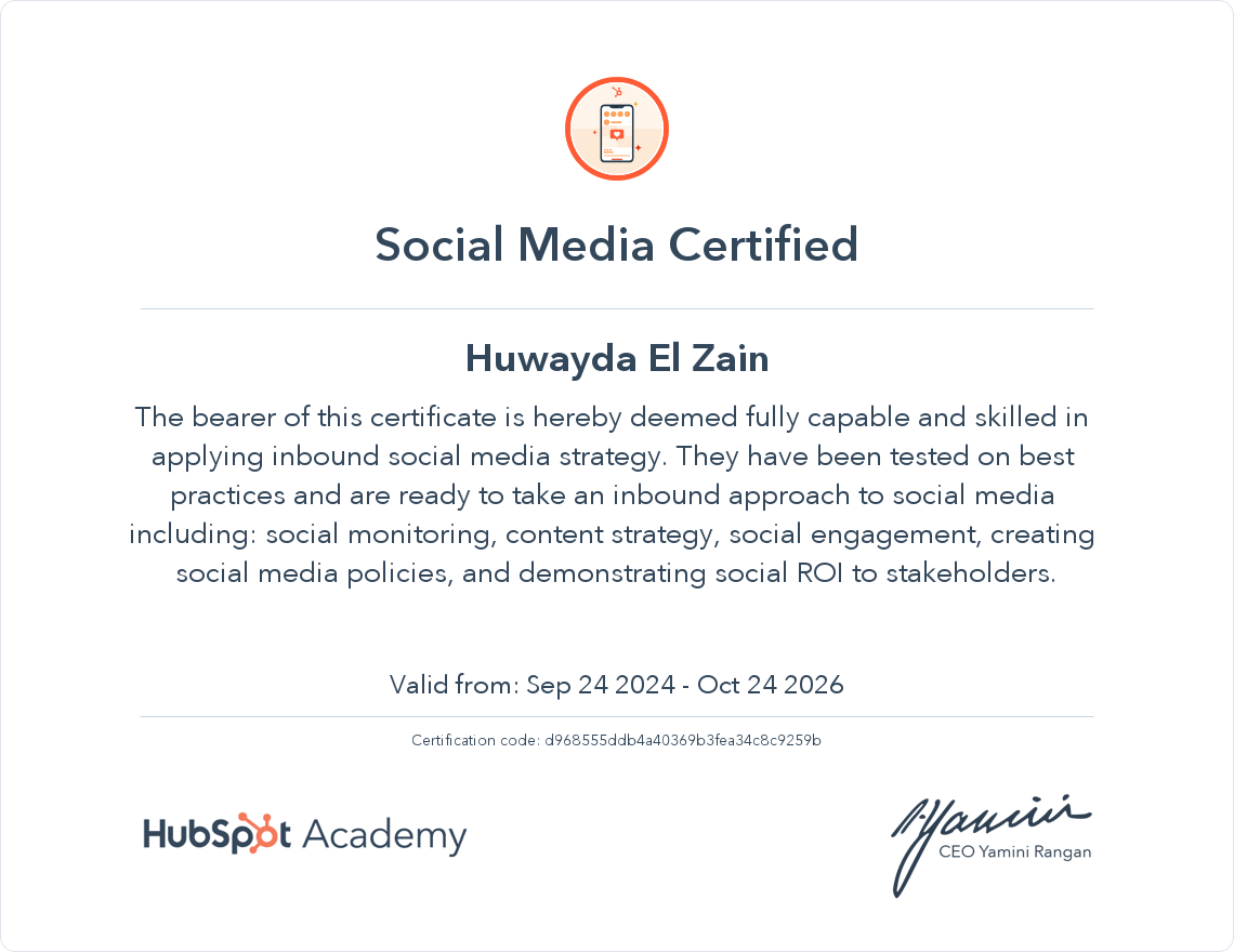HubSpot Academy Social Media Management certification